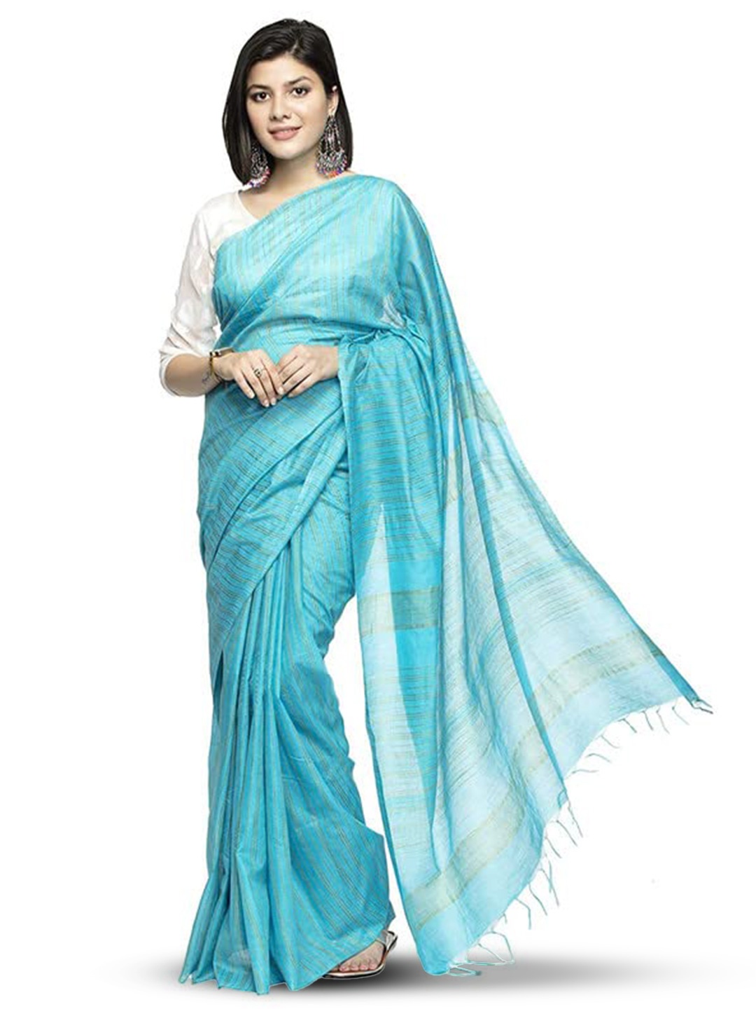 

INDIA SILK PWCS LTD Striped Zari Silk Cotton Bhagalpuri Saree, Blue