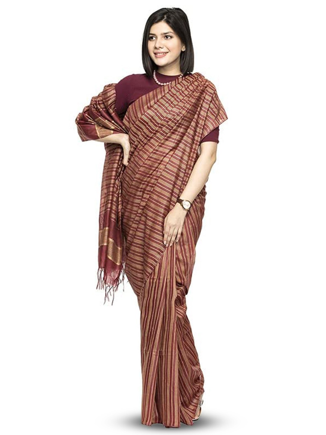 

INDIA SILK PWCS LTD Striped Silk Cotton Bhagalpuri Saree, Maroon