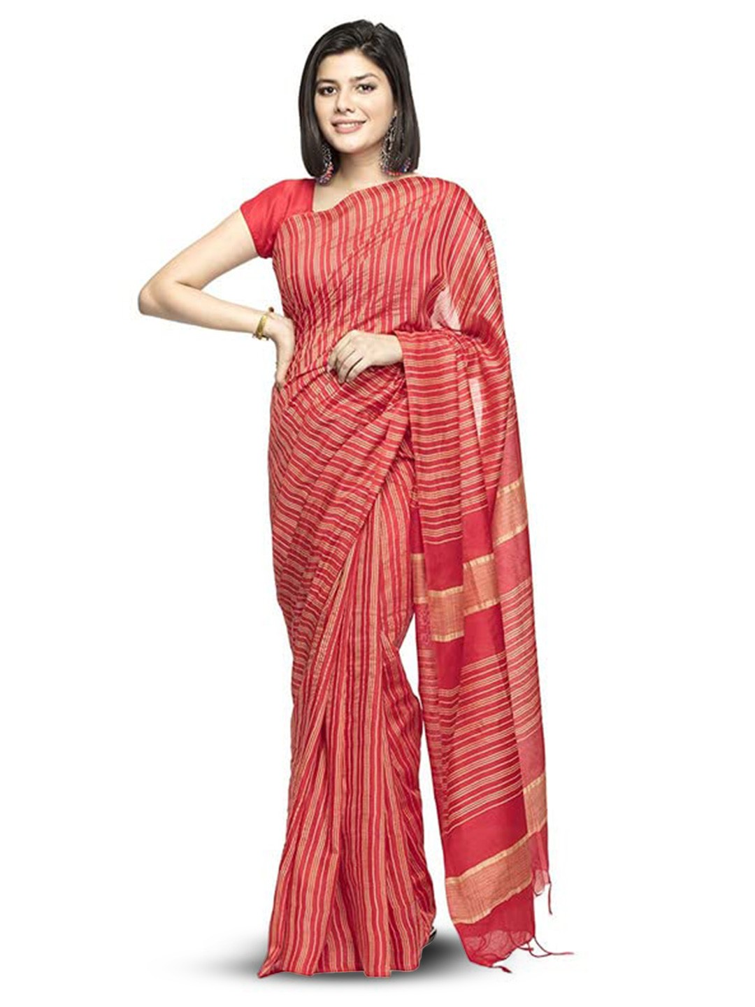 

INDIA SILK PWCS LTD Striped Zari Silk Cotton Bhagalpuri Saree, Red