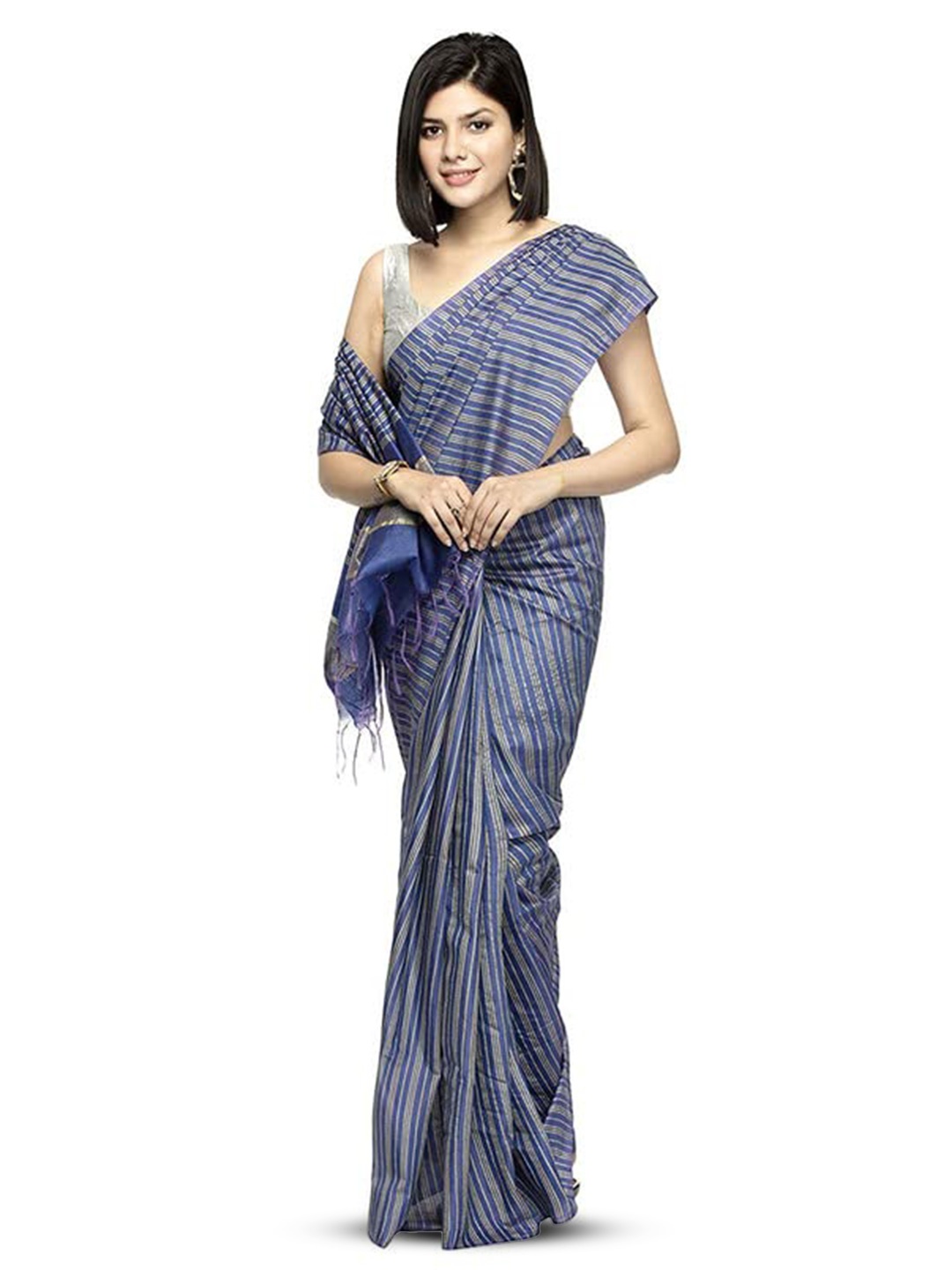 

INDIA SILK PWCS LTD Striped Silk Cotton Bhagalpuri Saree, Blue