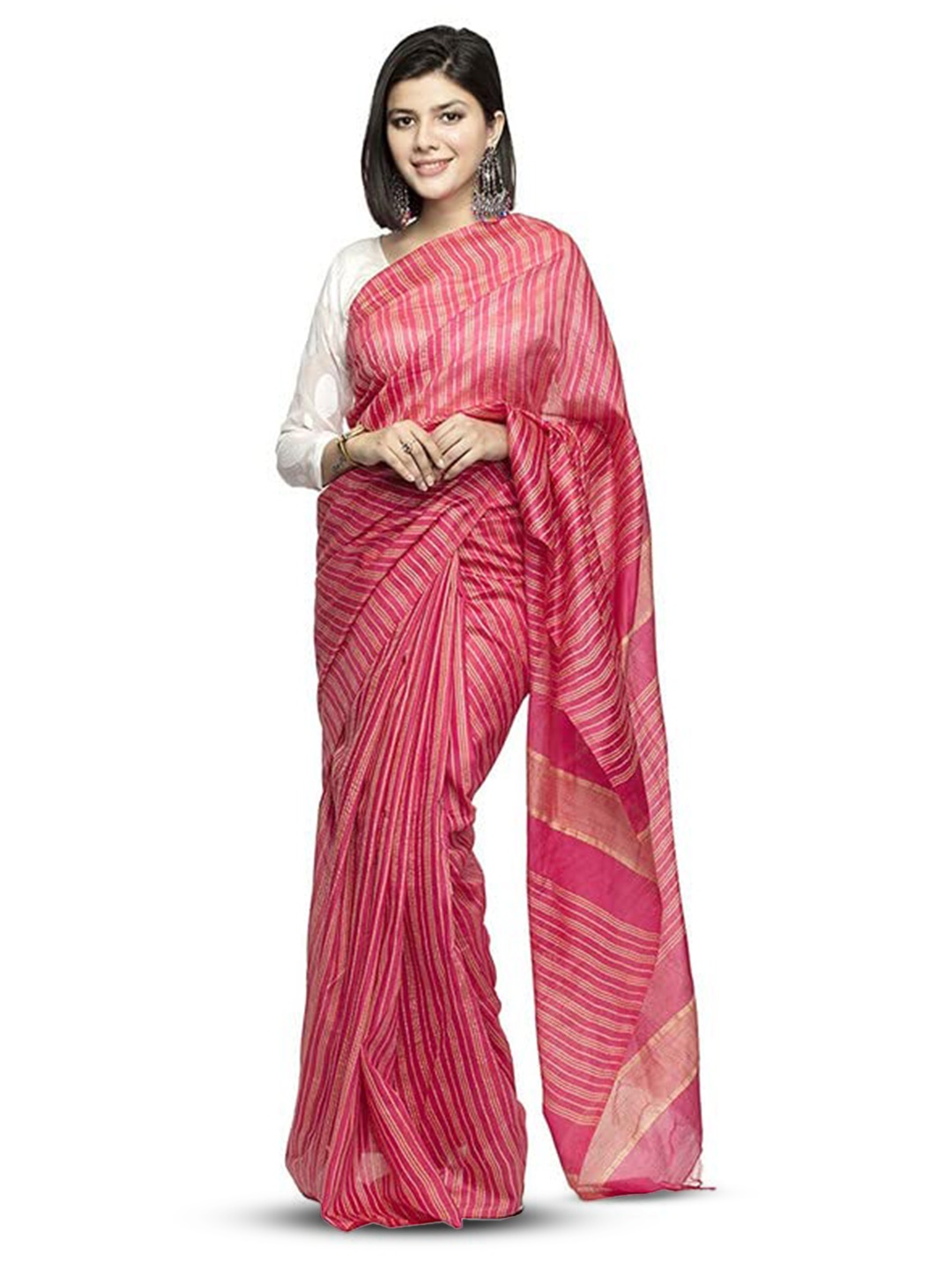

INDIA SILK PWCS LTD Striped Zari Silk Cotton Bhagalpuri Saree, Pink