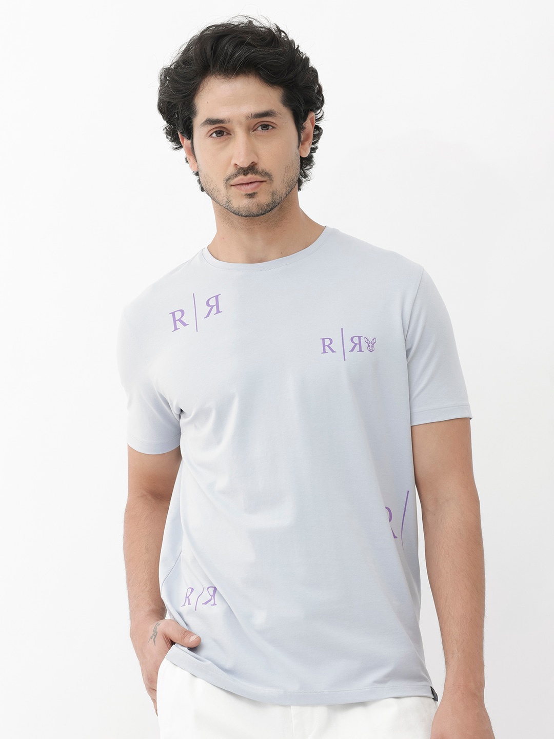 RARE RABBIT Men Brule Regular Fit Typography T-Shirt, Grey