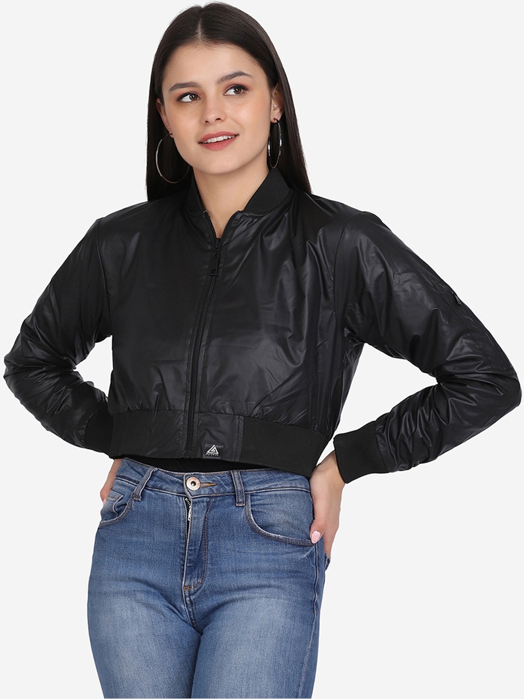 

Aesthetic Bodies Long Sleeves Dry Fit Lightweight Crop Bomber Jacket, Black