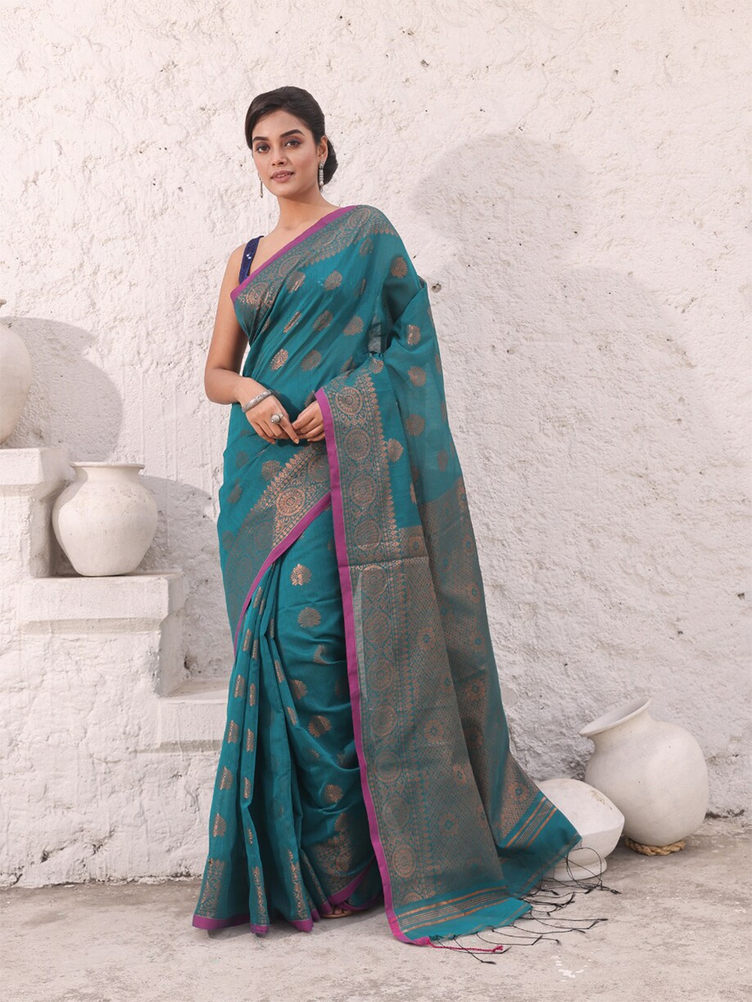 

Charukriti Ethnic Motifs Woven Design Zari Saree, Teal