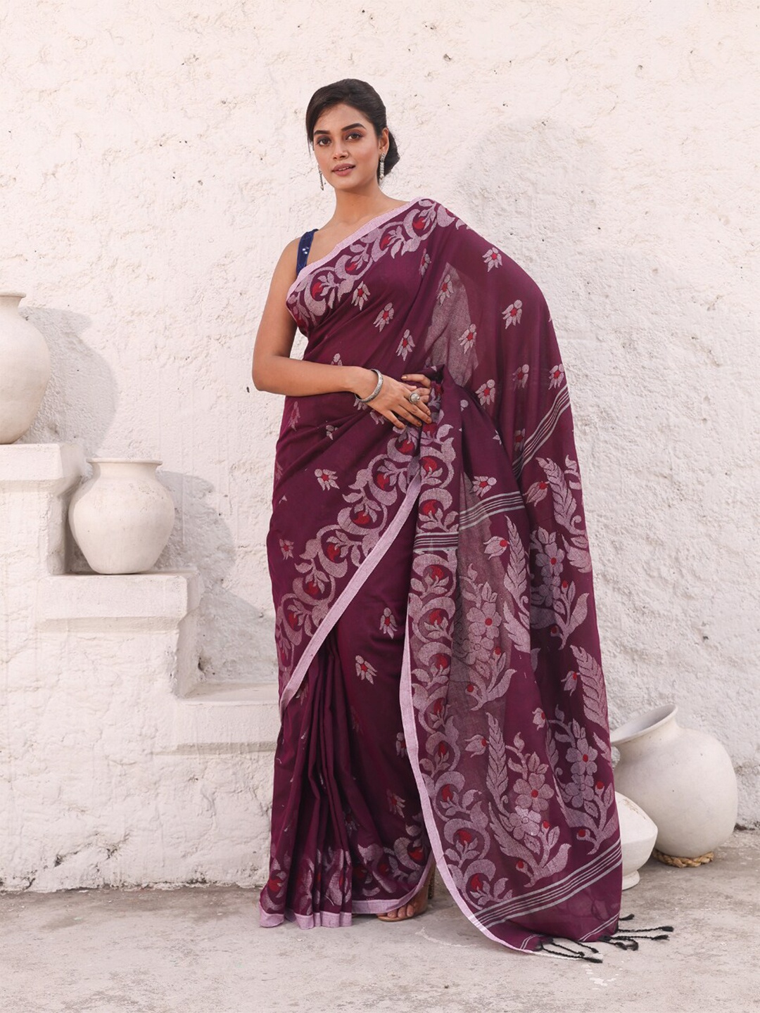 

Charukriti Ethnic Motifs Pure Cotton Saree, Purple