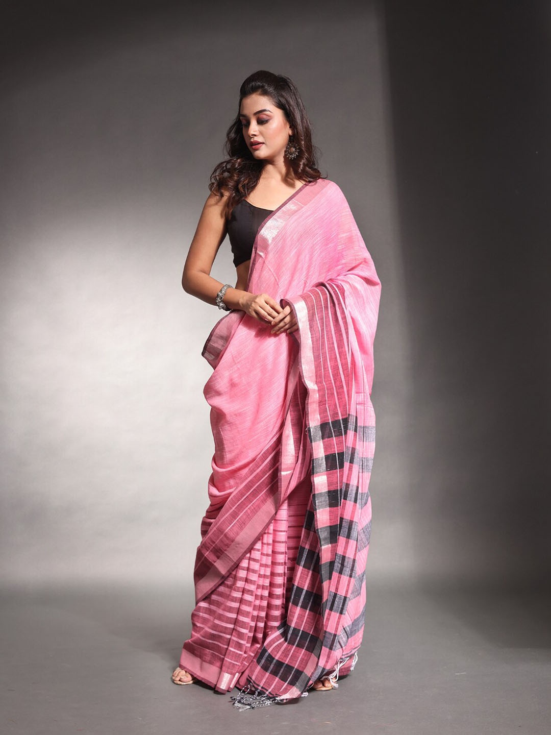 

Charukriti Striped Zari Pure Cotton Saree, Pink