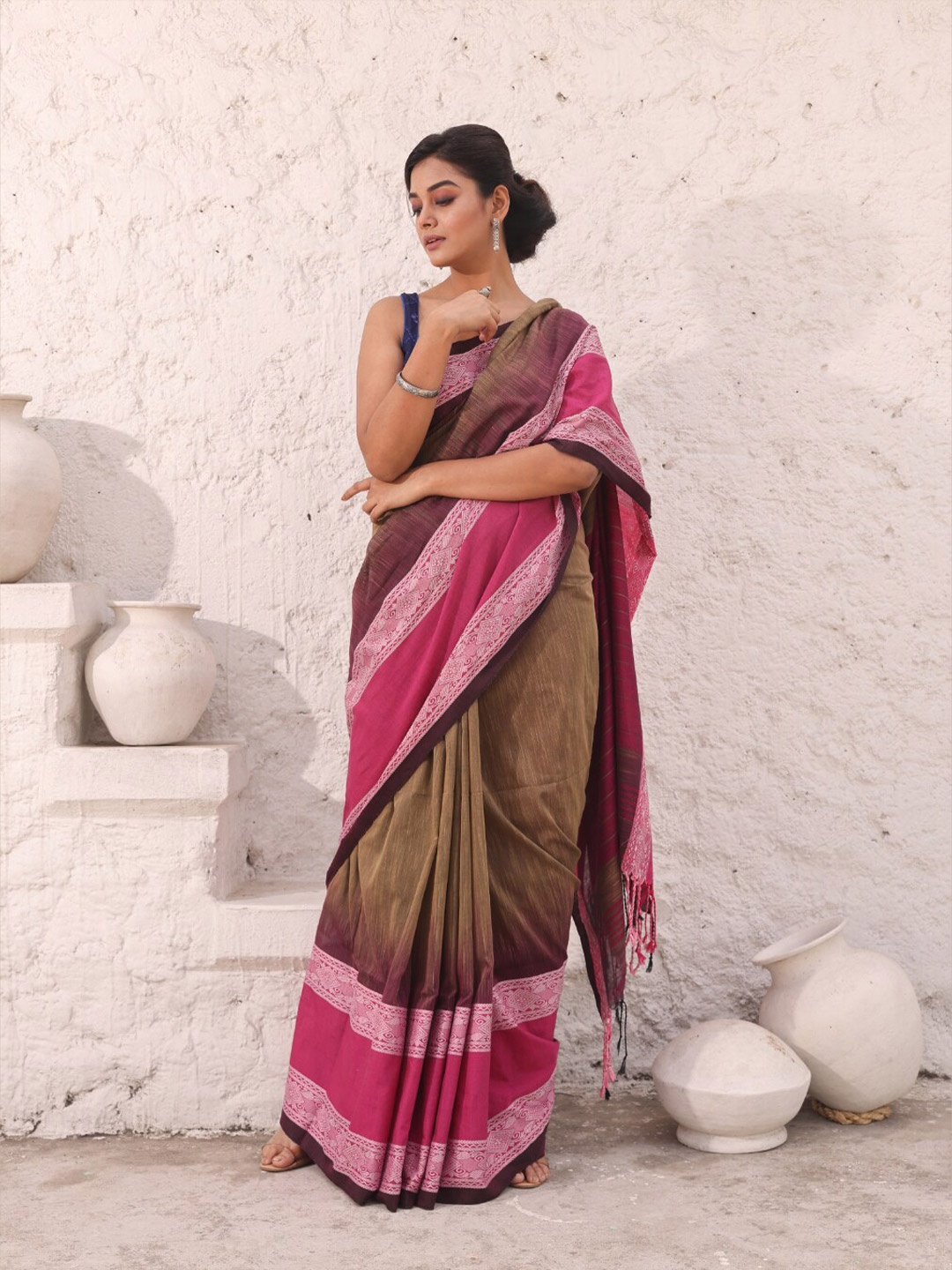 

Charukriti Colourblocked Woven Design Zari Pure Cotton Ikat Saree, Green
