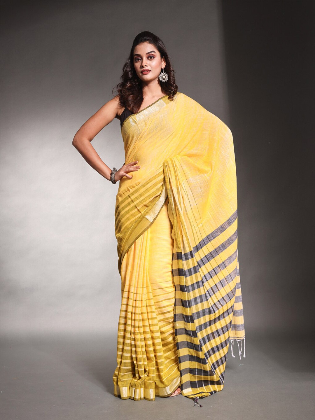 

Charukriti Striped Woven Design Zari Pure Cotton Saree, Yellow
