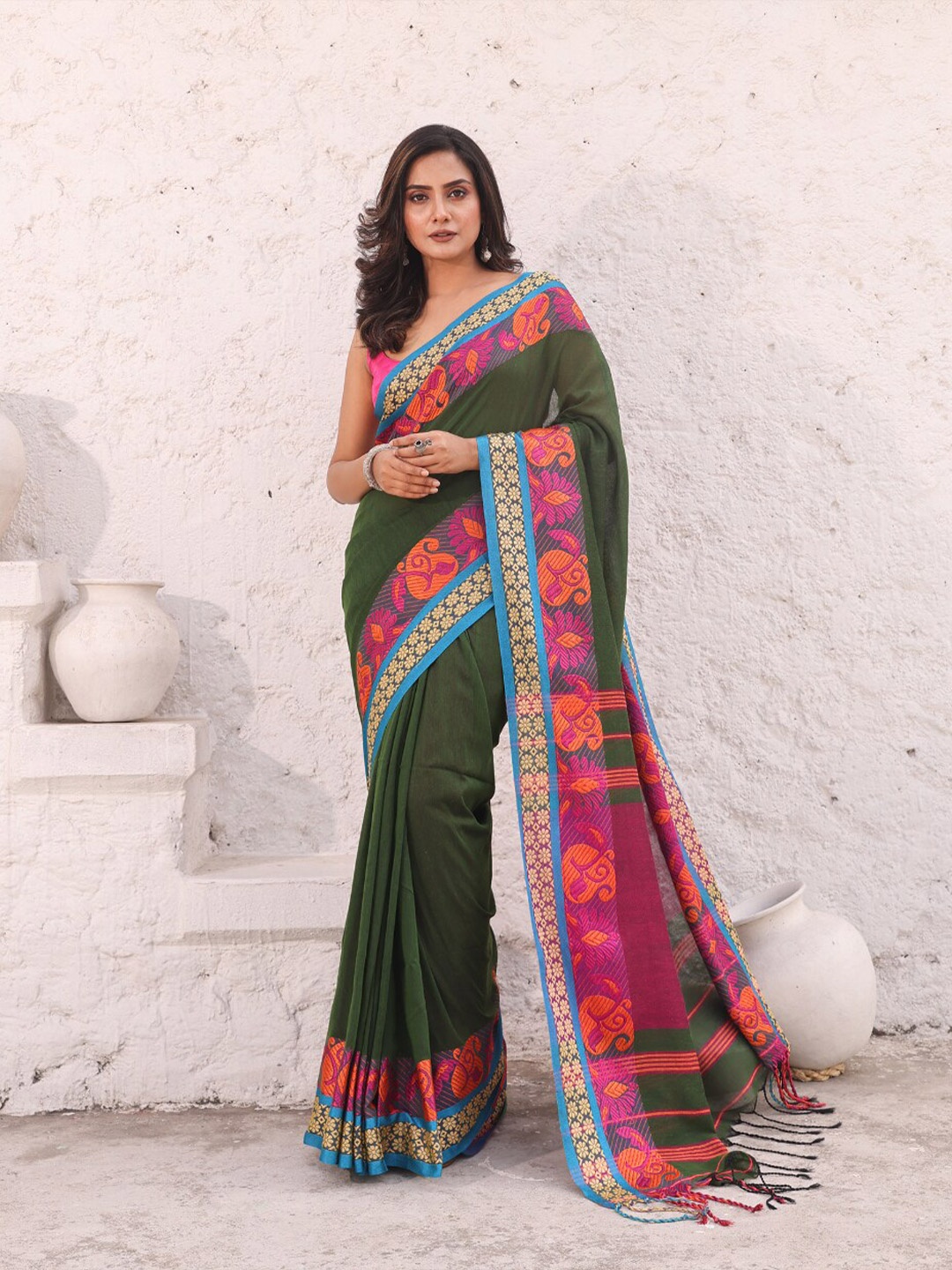 

Charukriti Zari Pure Cotton Saree, Green