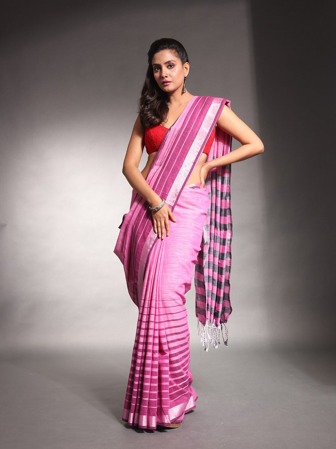 

Charukriti Striped Zari Pure Cotton Saree, Pink