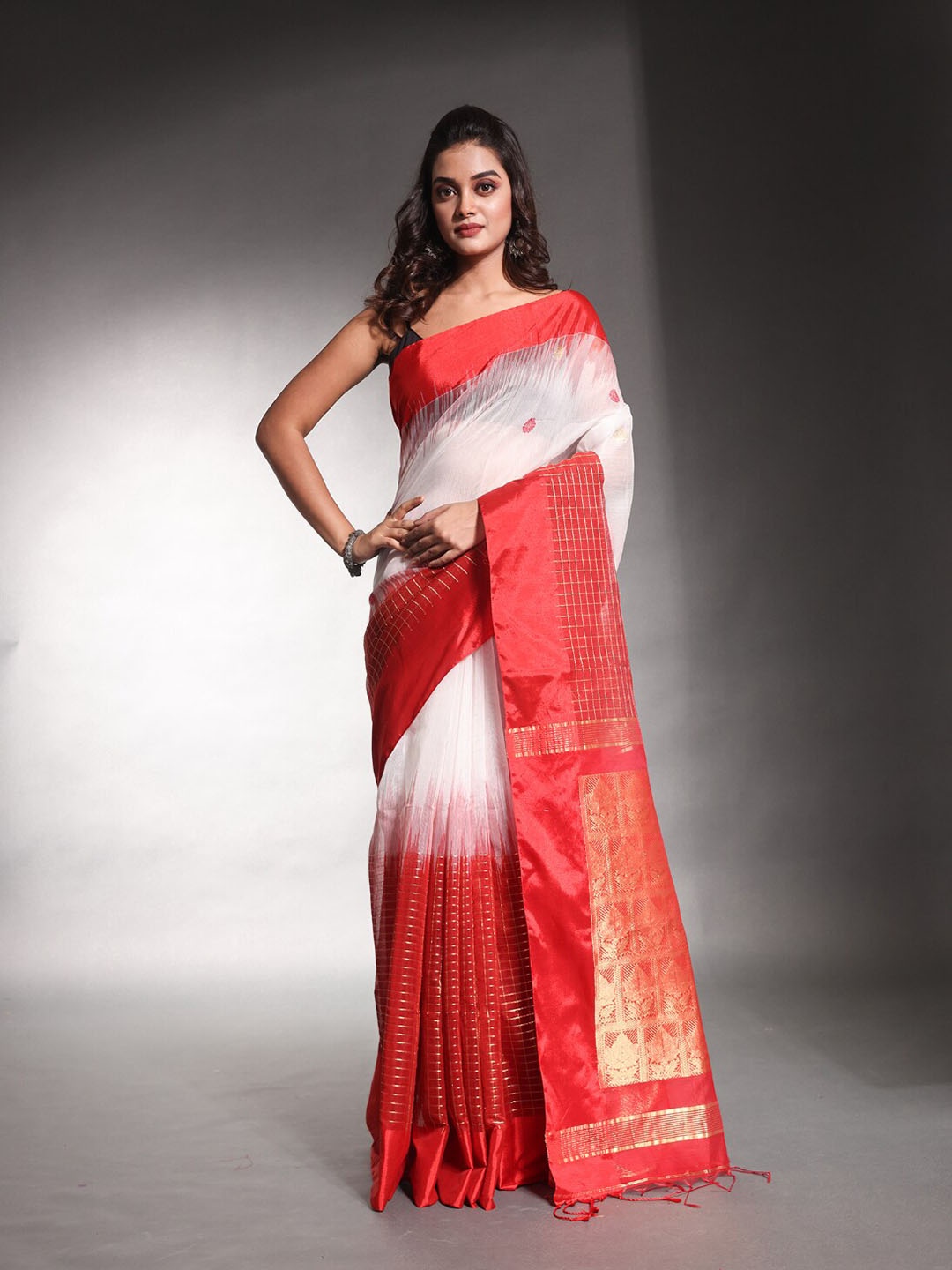 

Charukriti Checked Woven Design Zari Ikat Saree, White