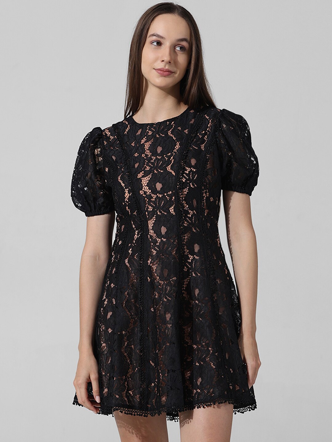

ONLY Self Design Laced Puff Sleeves Semi Sheer A-Line Mini Dress, Black