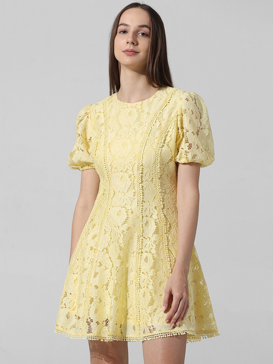 

ONLY Self Design Laced Puff Sleeves A-Line Mini Dress, Yellow