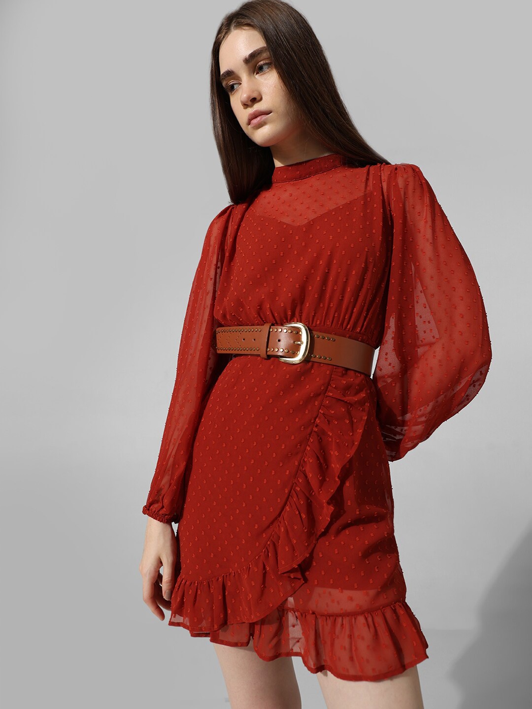

ONLY Self Design Ruffled Puff Sleeves High Neck Fit & Flare Dress, Red