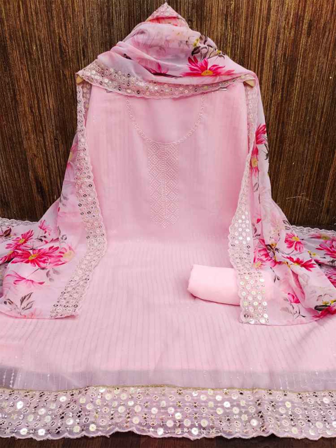 

faxofab Embroidered Silk Georgette Unstitched Dress Material, Pink
