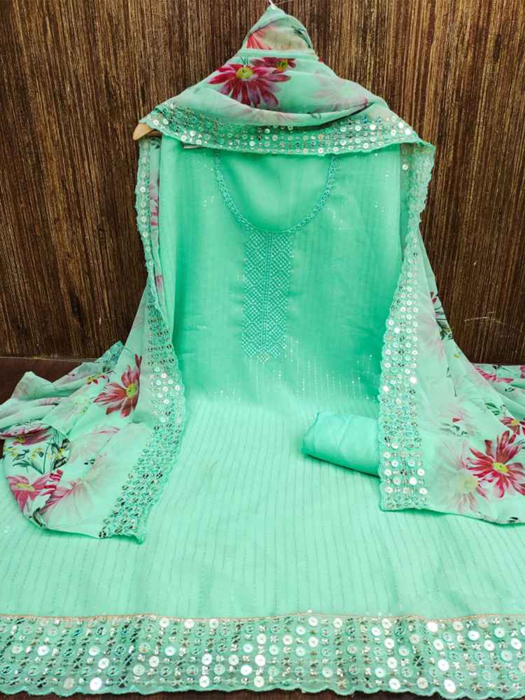 faxofab Embroidered Silk Georgette Unstitched Dress Material, Green