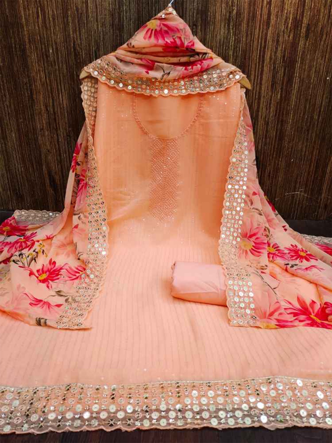 

faxofab Embroidered Sequined Silk Georgette Unstitched Dress Material, Orange