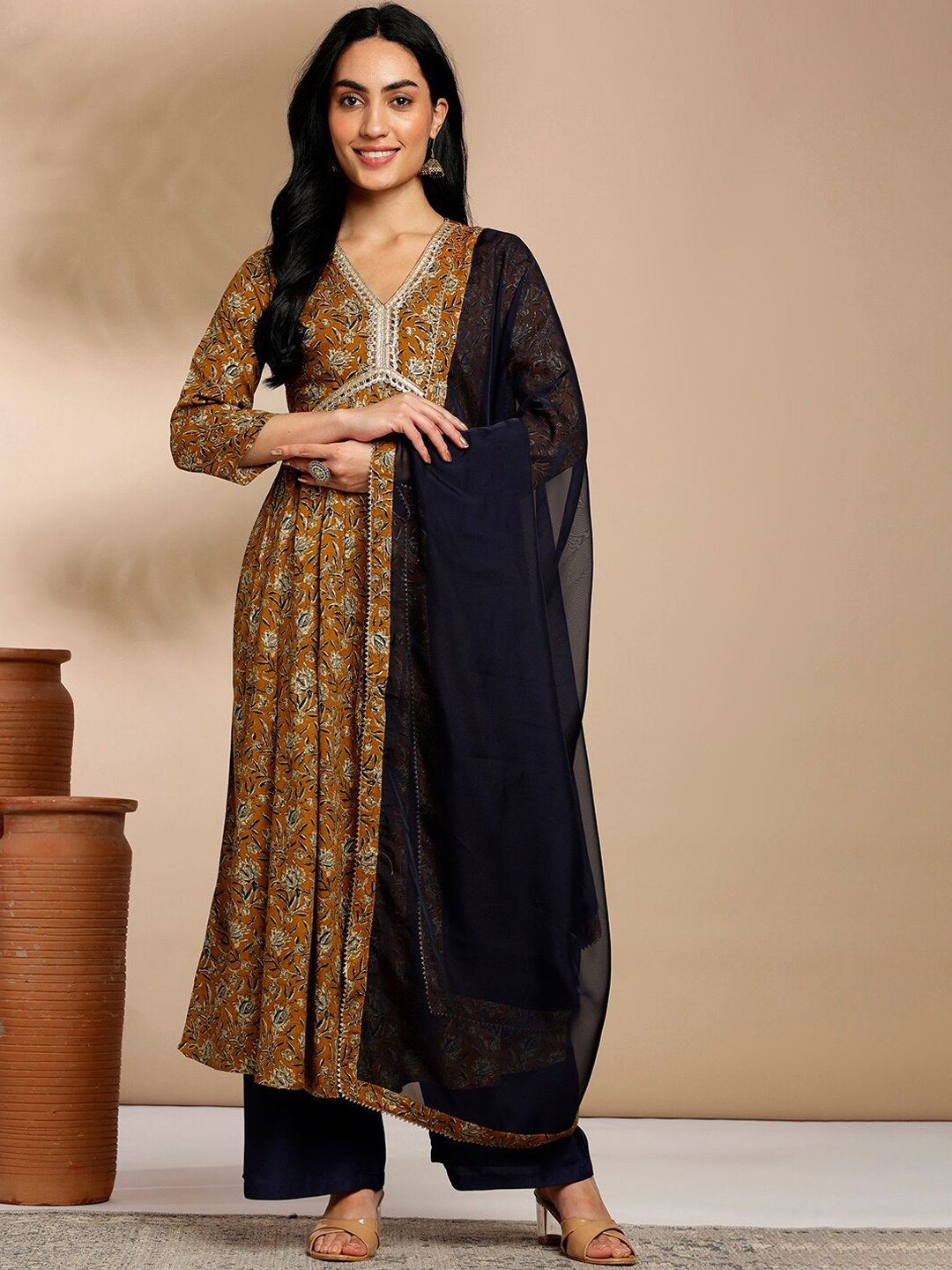 

Anouk Mustrad Floral Printed V-Neck Anarkali Kurta with Palazzos & Dupatta, Mustard