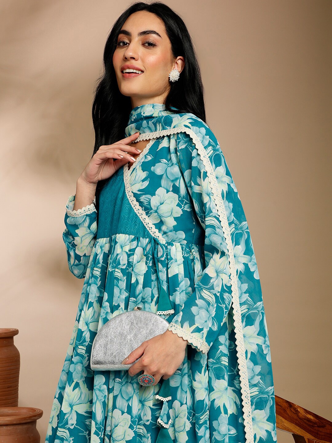 

Anouk Teal Floral Printed V-Neck Angrakha Kurta with Trousers & Dupatta