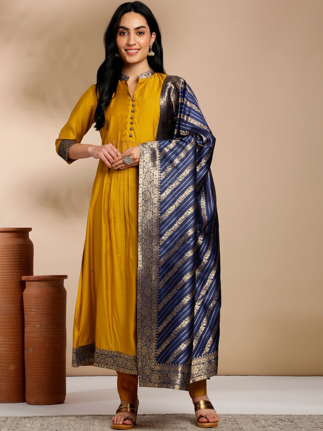 

Anouk Mustrad Mandarin Collar Anarkali Kurta with Trousers & Dupatta, Mustard