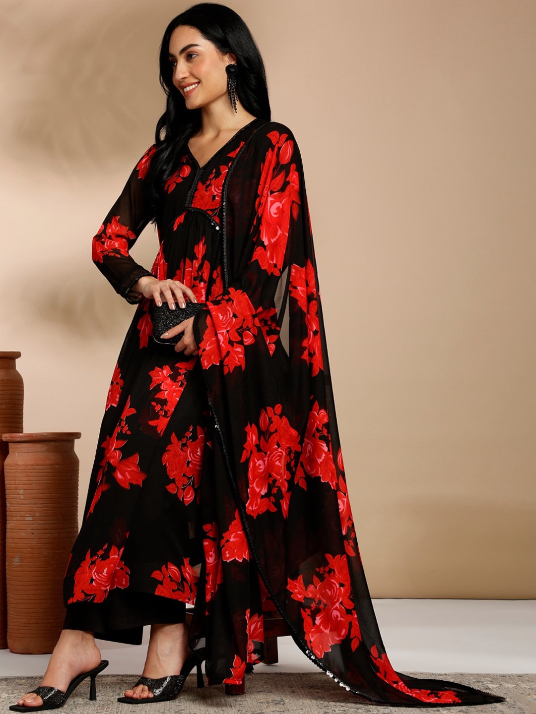 

Anouk Black Floral Printed Regular Kurta with Trousers & Dupatta