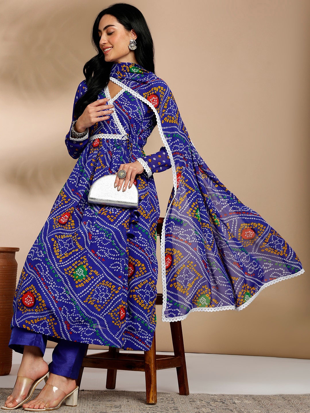 

Anouk Blue Bandhani Printed V-Neck Angrakha Kurta with Trousers & Dupatta