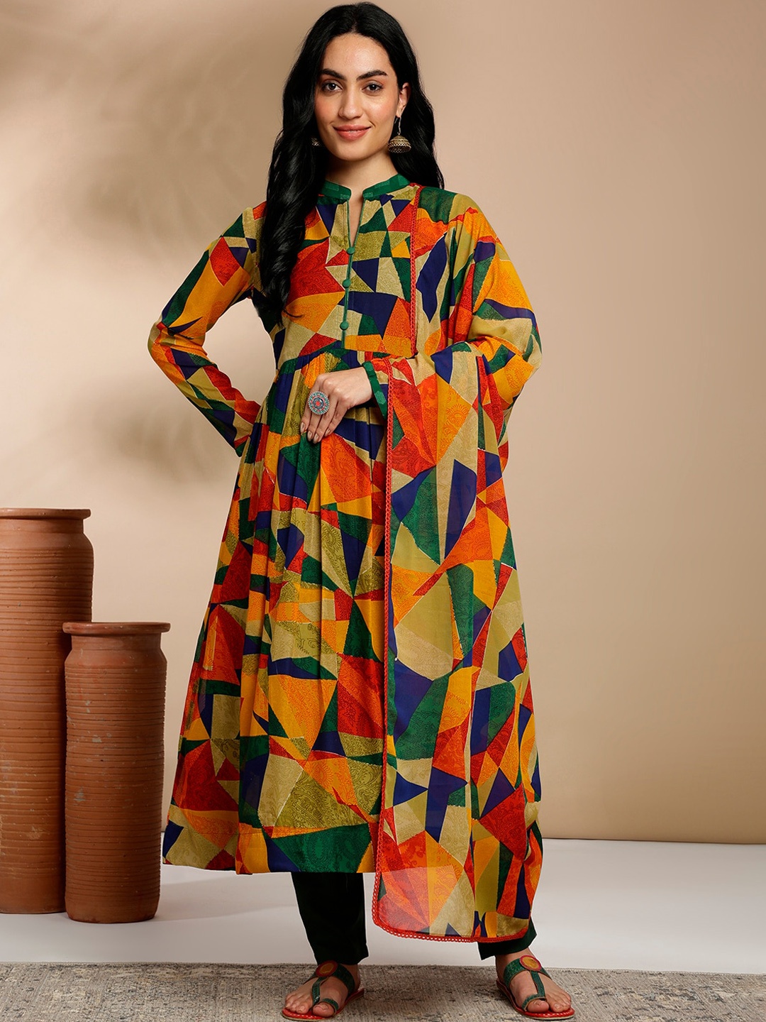 

Anouk Green Geometric Printed Mandarin Collar Anarkali Kurta with Trousers & Dupatta
