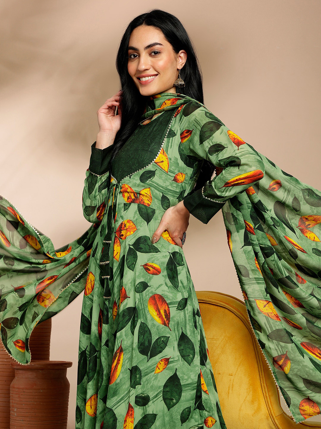 

Anouk Green Floral Printed Round Neck Anarkali Kurta with Trousers & Dupatta