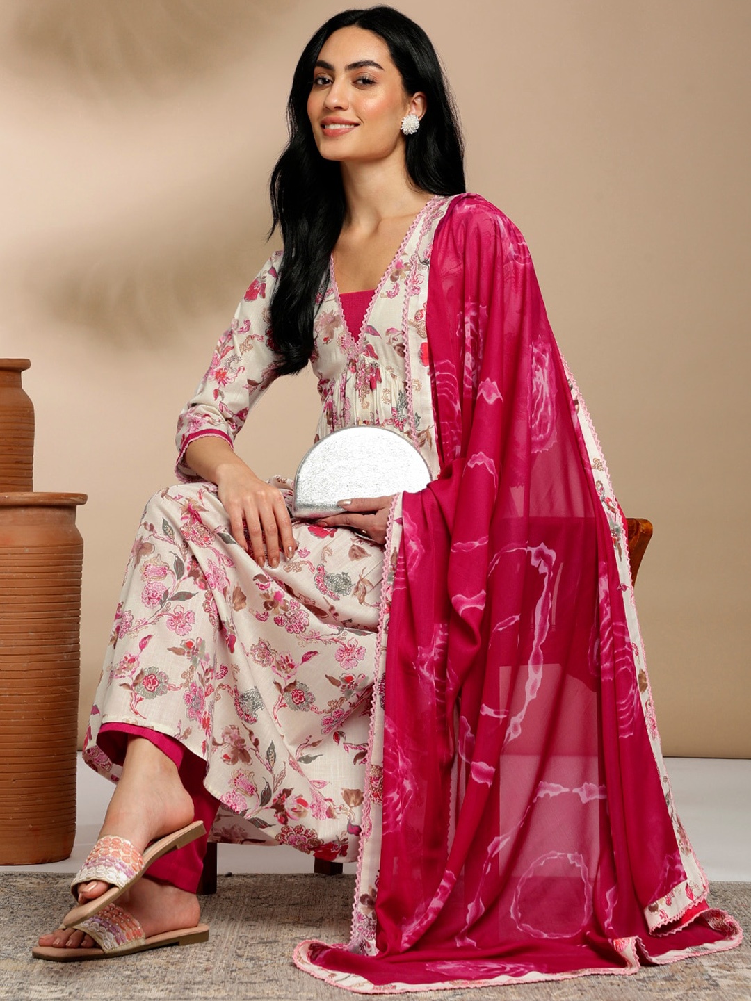 

Anouk Cream Floral Printed V-Neck Pure Cotton Anarkali Kurta with Trousers & Dupatta