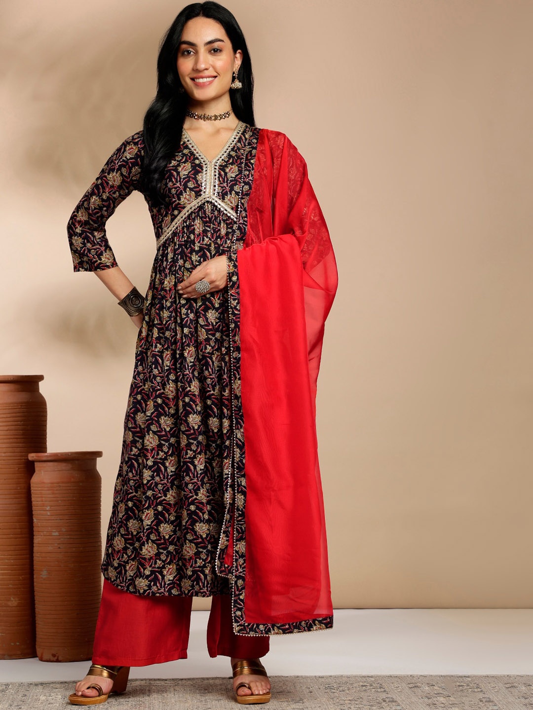 

Anouk Navy Blue Floral Printed V-Neck Anarkali Kurta with Palazzos & Dupatta