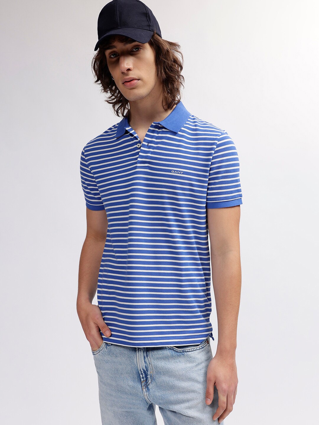 

GANT Striped Polo Neck Regular Fit T-Shirt, Blue