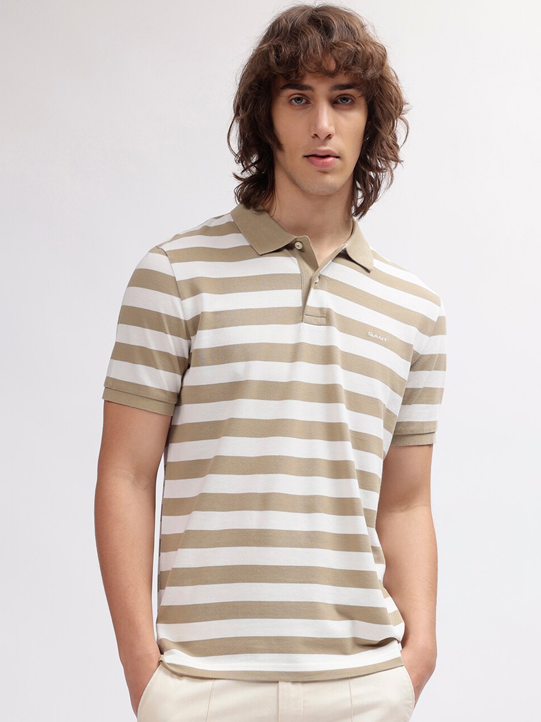 

GANT Striped Polo Neck Regular Fit T-Shirt, Khaki