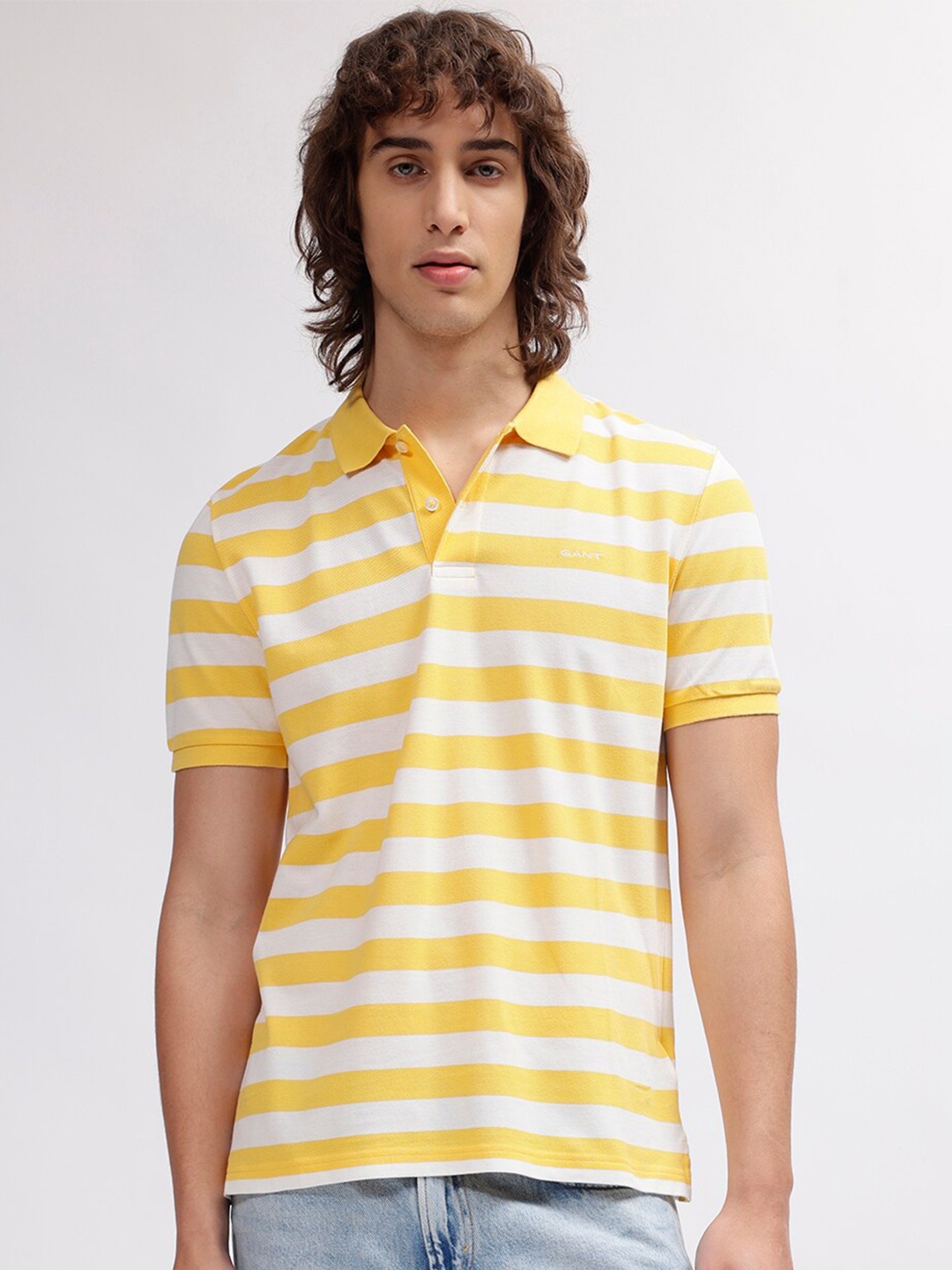 

GANT Striped Polo Neck Regular Fit T-Shirt, Yellow