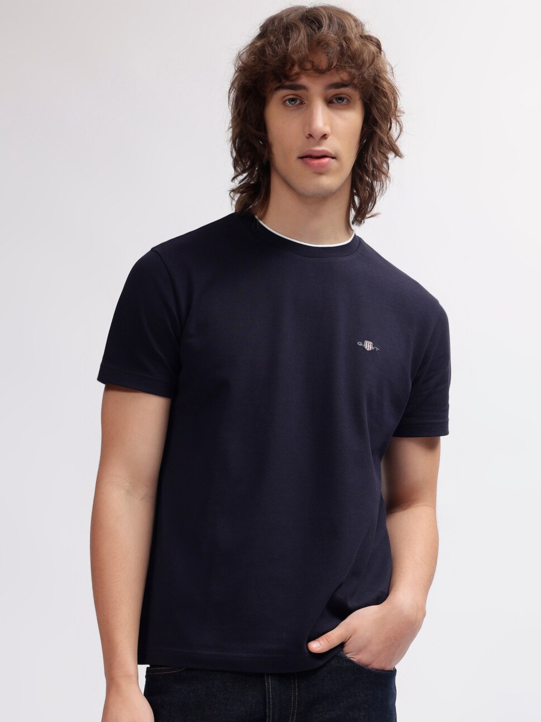 

GANT Solid Round Neck Regular Fit T-Shirt, Navy blue