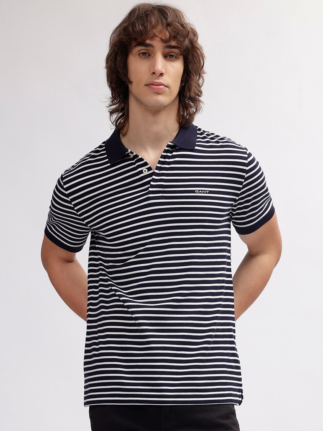 

GANT Striped Polo Neck Regular Fit T-Shirt, Navy blue