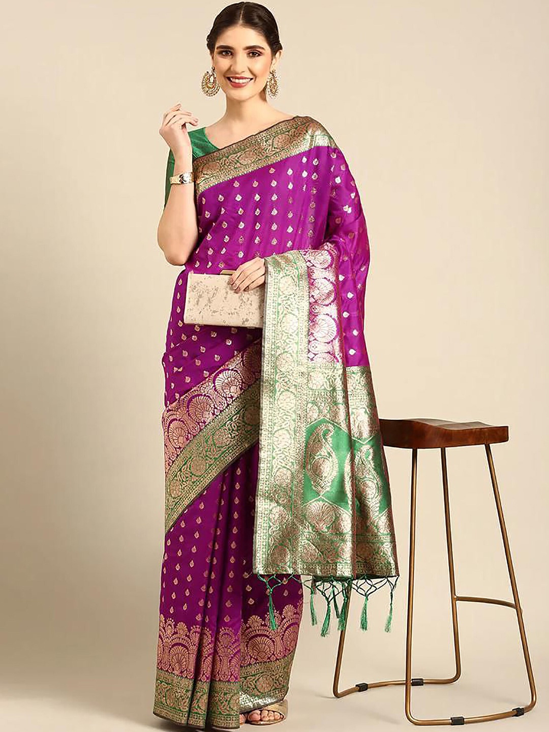 

KALINI Ethnic Motif Woven Design Banarasi Zari Saree, Purple