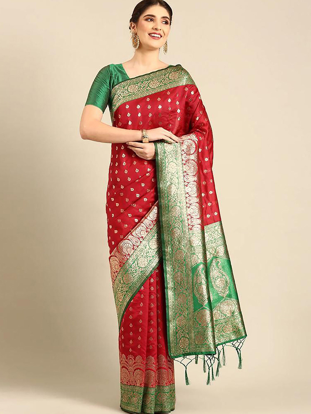 

KALINI Ethnic Motif Woven Design Banarasi Zari Saree, Red