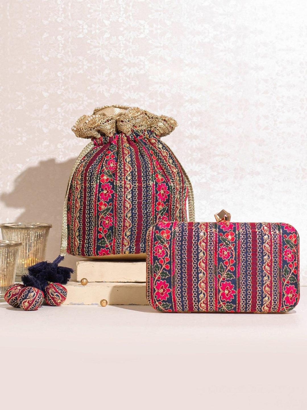 

AMYRA Embroidered Potli With Wrist Loop, Navy blue