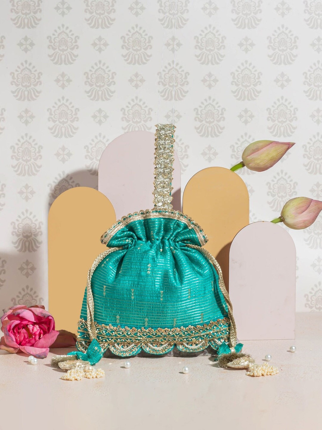 

AMYRA Embroidered Potli Clutch, Turquoise blue