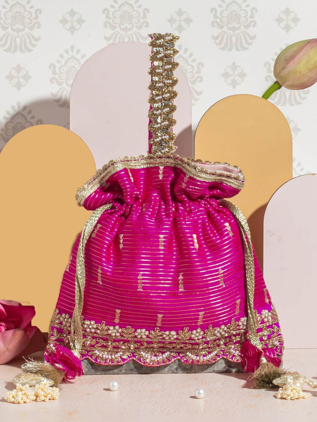 

AMYRA Embroidered Potli Clutch, Pink
