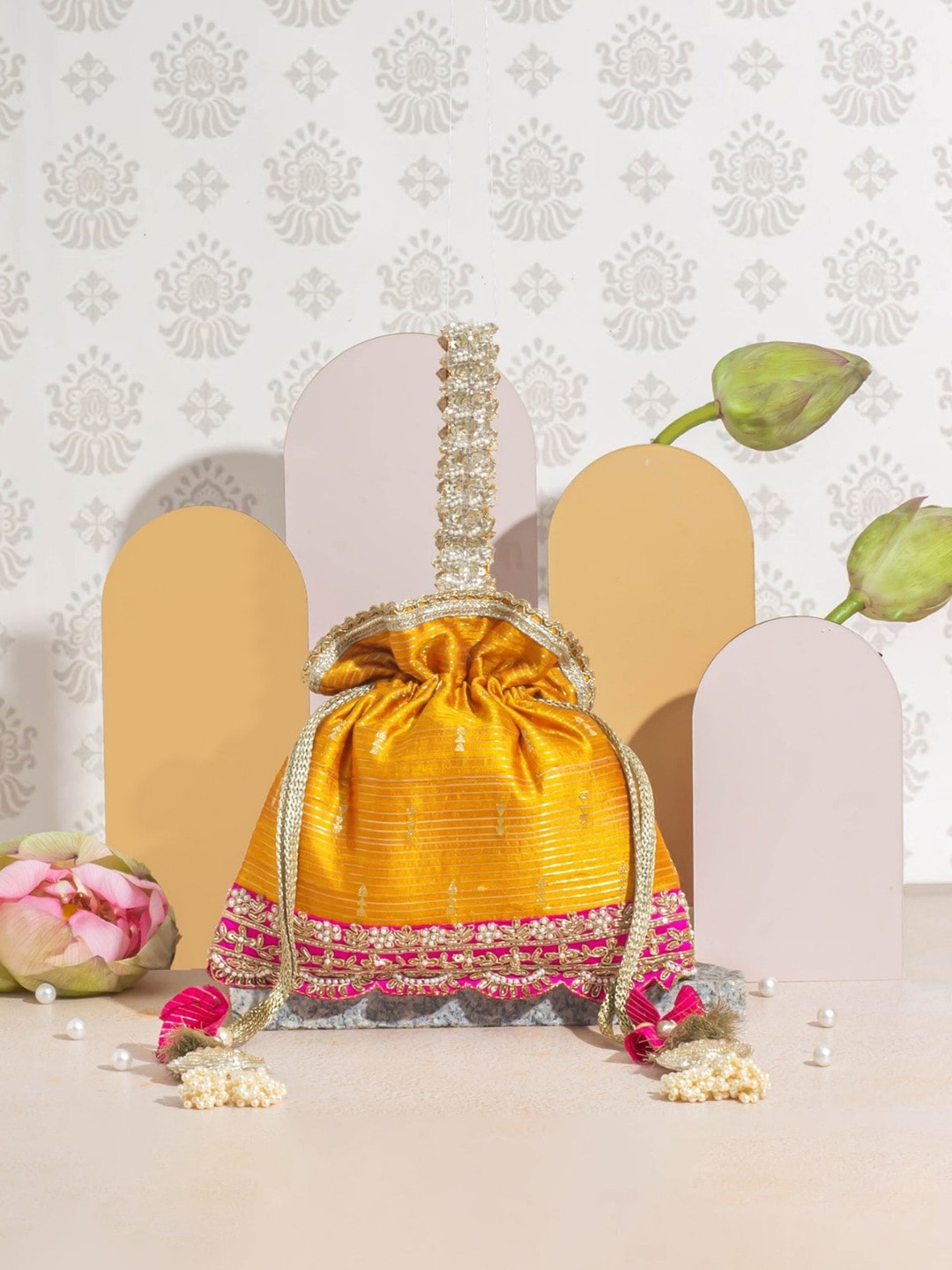 

AMYRA Embroidered Potli Clutch, Mustard