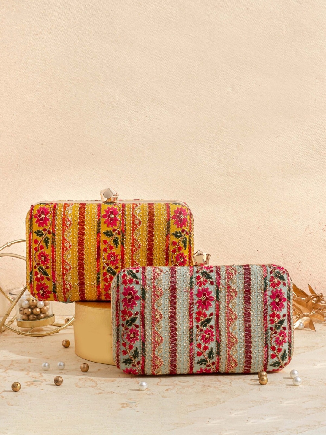 

AMYRA Embroidered Box Clutch With Shoulder Strap, Sea green