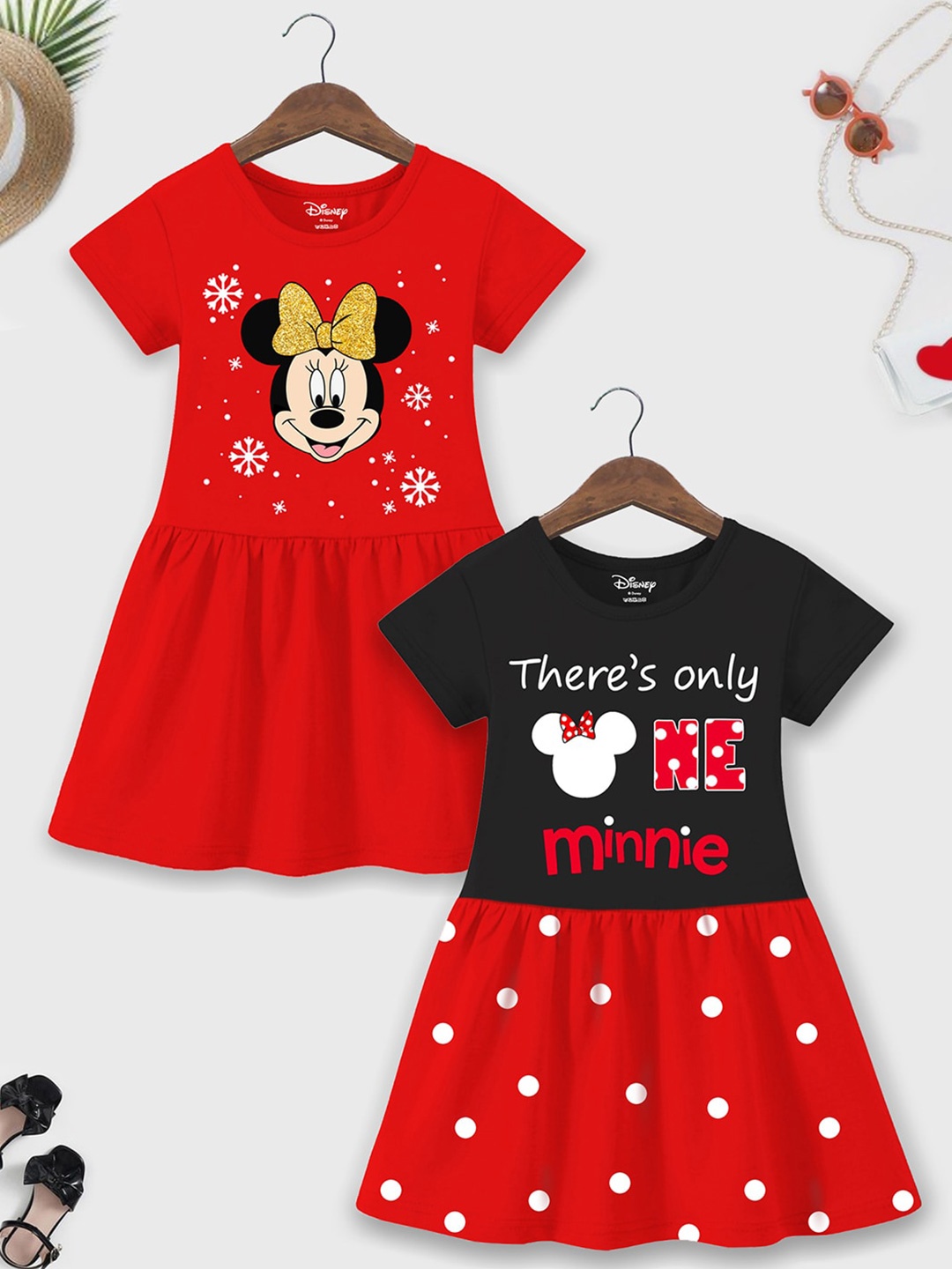 

YK Disney Girls Pack Of 2 Minnie Mouse Printed Gathered Cotton A-Line Dresses, Black