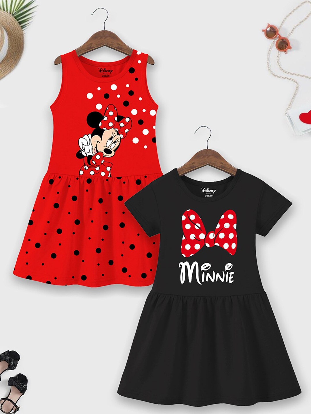 

YK Disney Girls Pack Of 2 Minnie Mouse Printed Gathered Cotton A-Line Dresses, Red