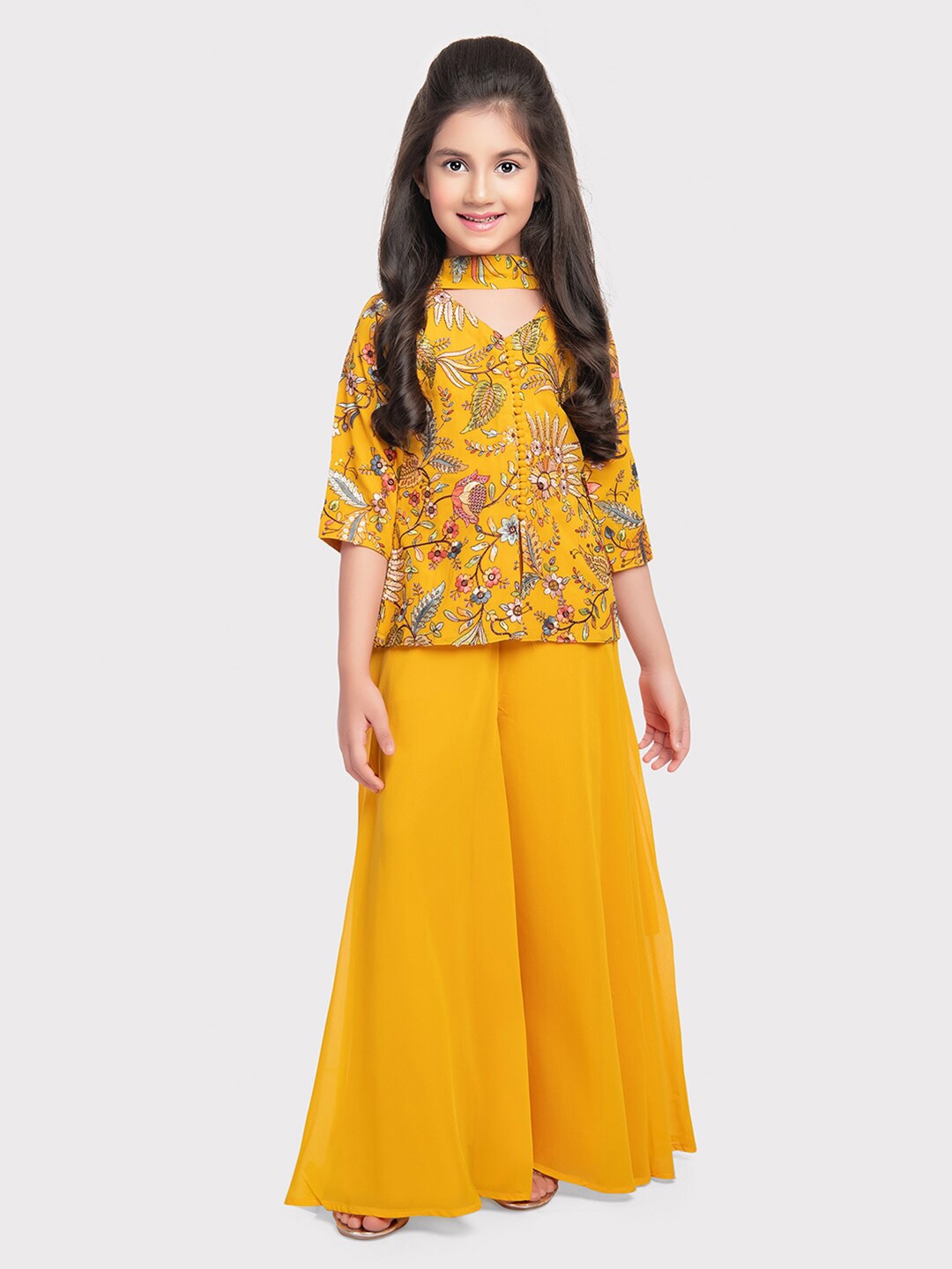 

Tiny Kingdom Girls Floral Printed Kurti with Palazzos & Dupatta, Yellow
