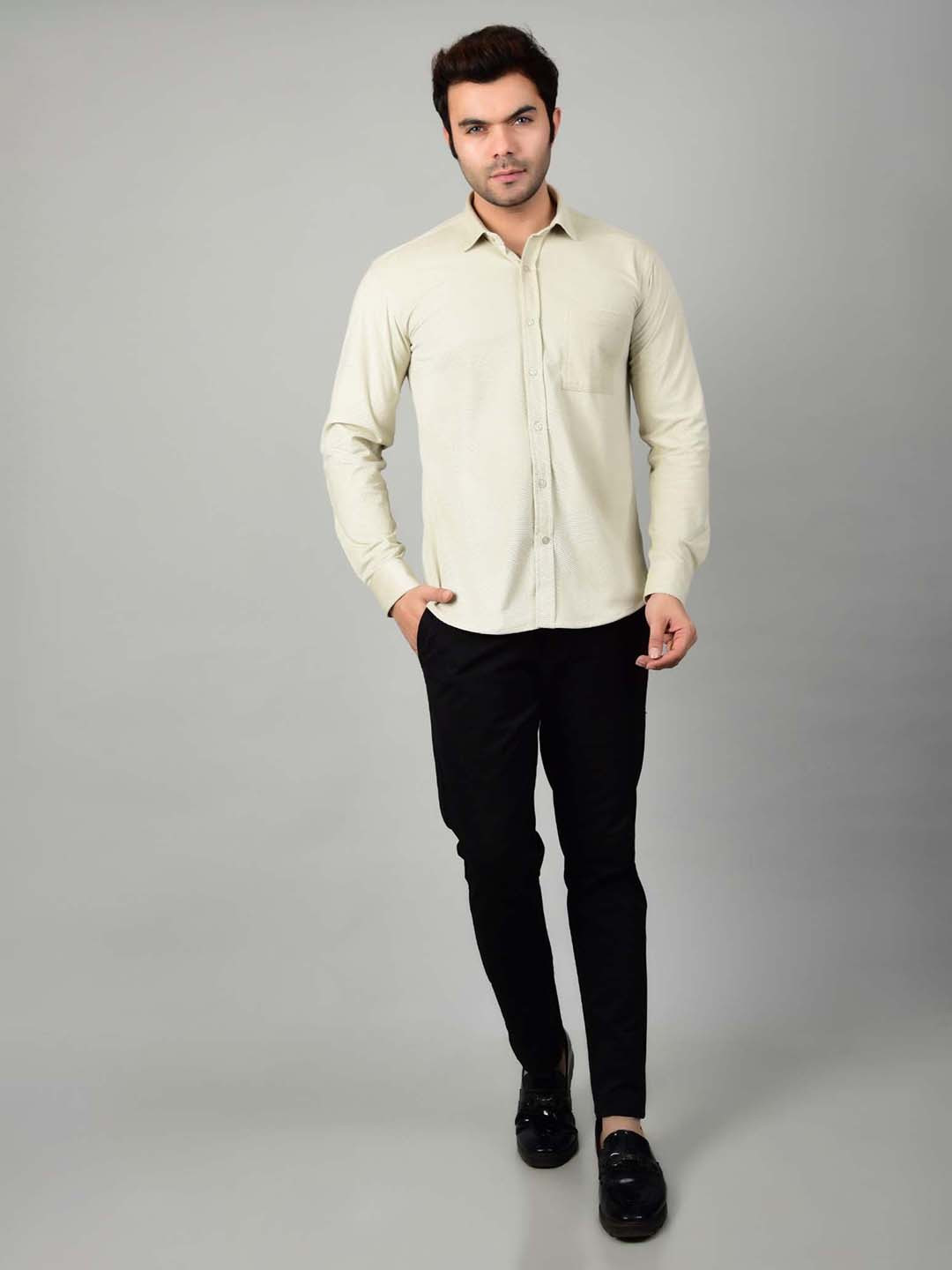 

4400BC Spread Collar Long Sleeves Velvet India Slim Regular Fit Casual Shirt, Cream