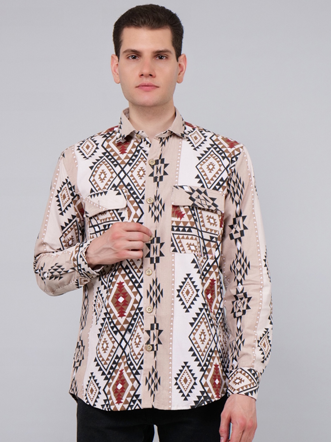 

4400BC Men Relaxed Opaque Printed Casual Shirt, Beige