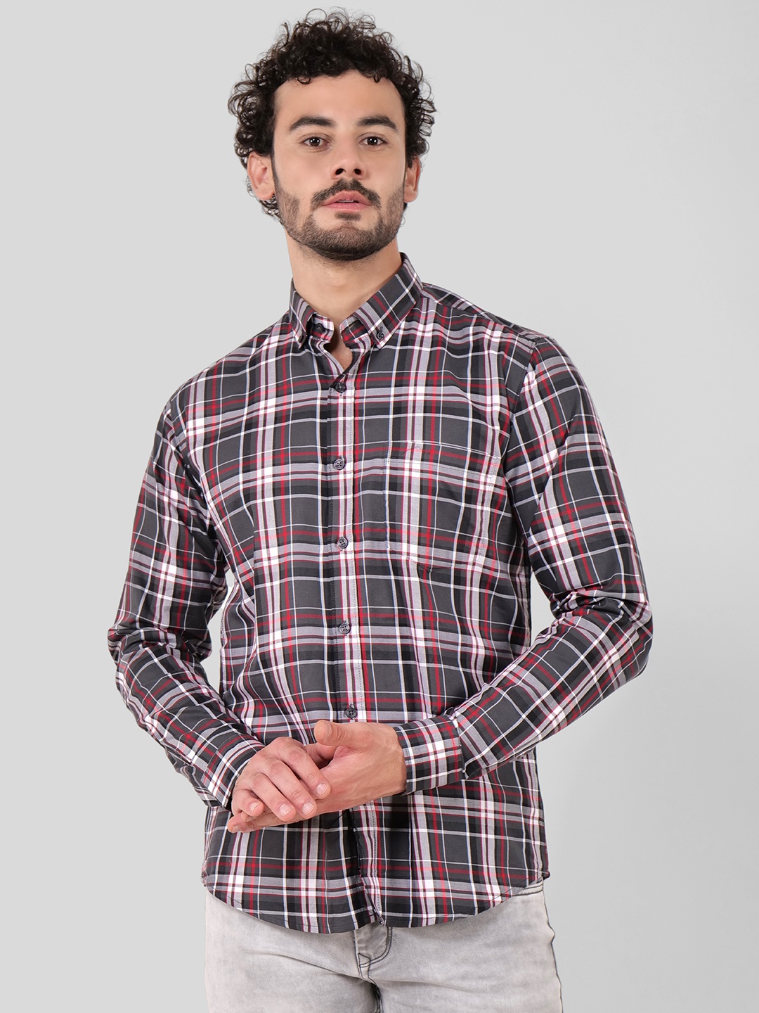 

4400BC Men Tartan Checks Opaque Checked Casual Shirt, Grey