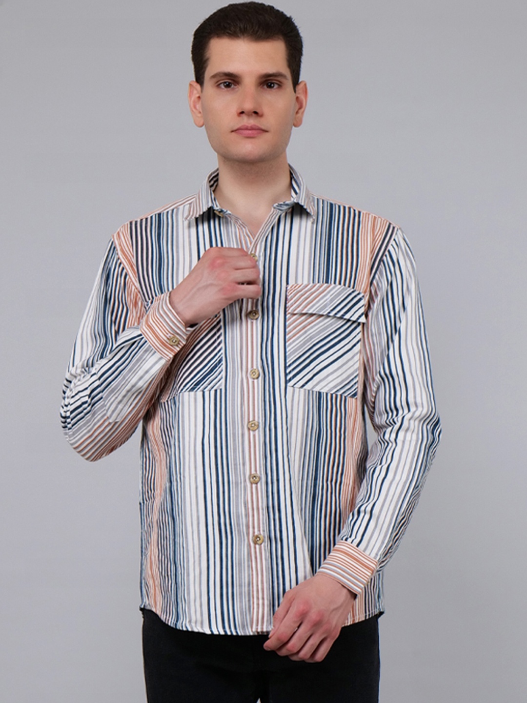 

4400BC Men Relaxed Multi Stripes Opaque Striped Casual Shirt, White