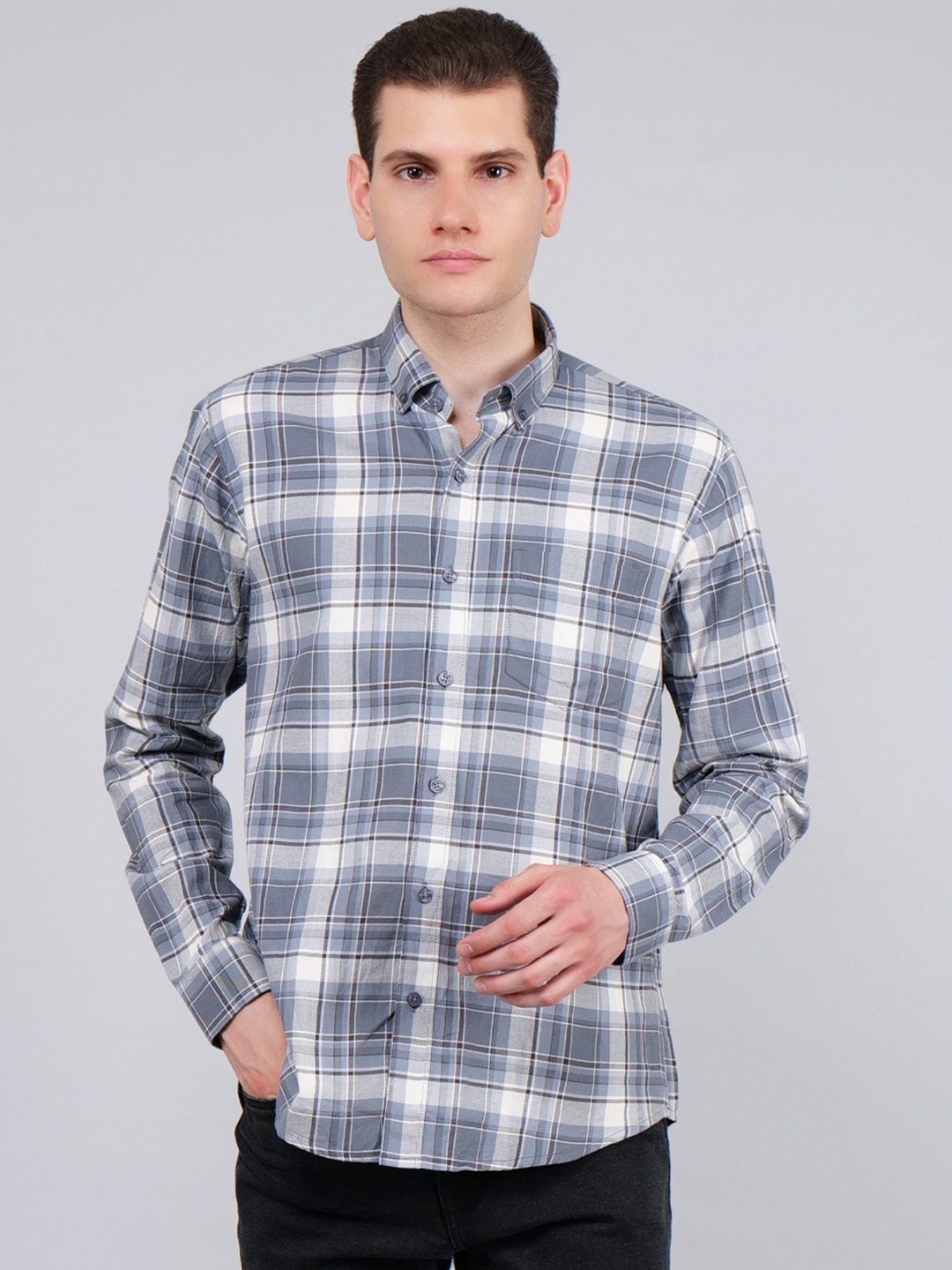 

4400BC Men Tartan Checks Opaque Checked Casual Shirt, Grey